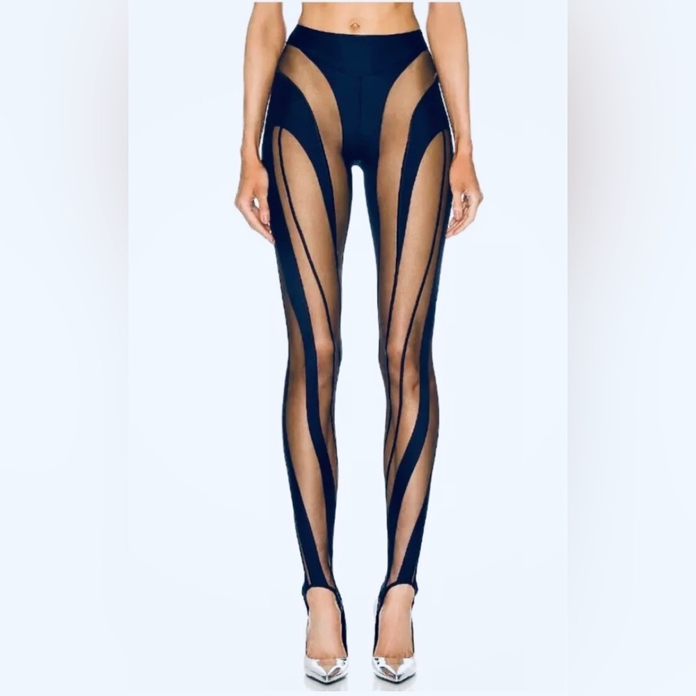 MUGLER SHEER SPIRAL LEGGINGS MIDNIGHT BLUE & BLACK SIZE 42/10 US NEW